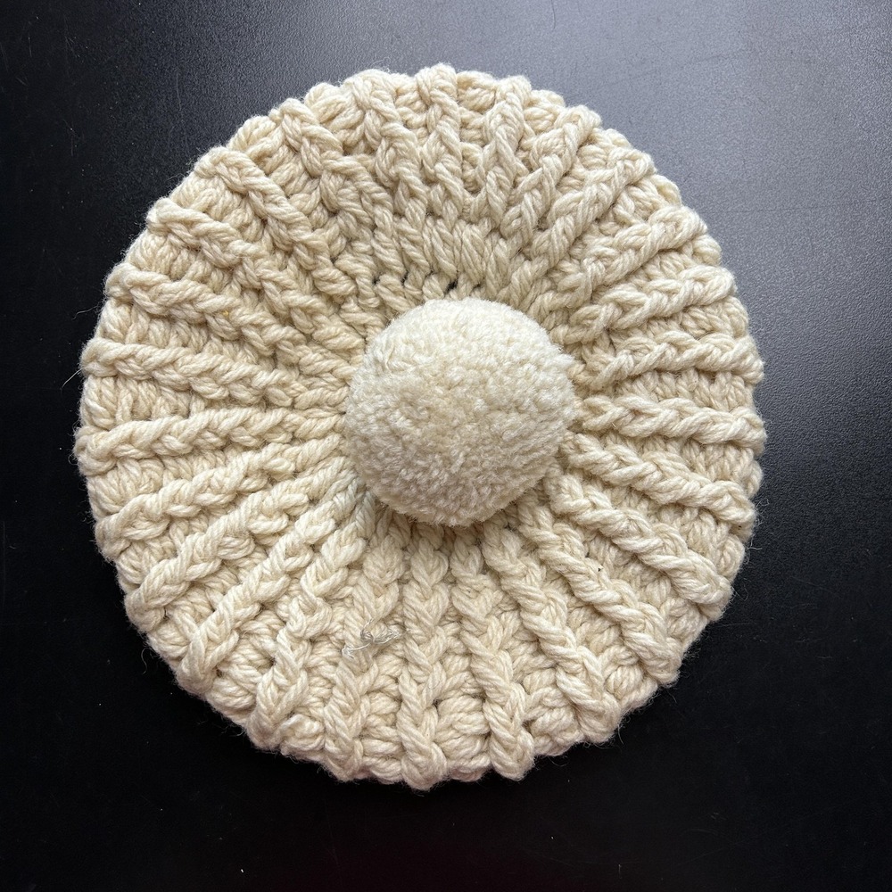 Vintage Gimbels Hat Beret Womens One Size White Wool Crochet Pom Pom Italy